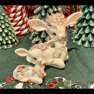 VINTAGE JAPAN DEER FAWN DOE SET PORCELAIN LACE ROSE FIGURINE COQUETTE CHRISTMAS